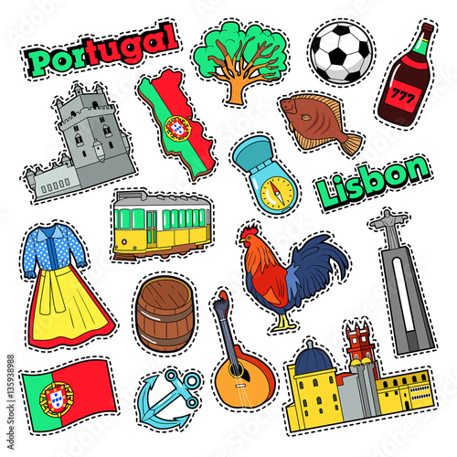 Portugal Travel Elements with Architecture for Badges, Stickers, Prints. Vector Doodle