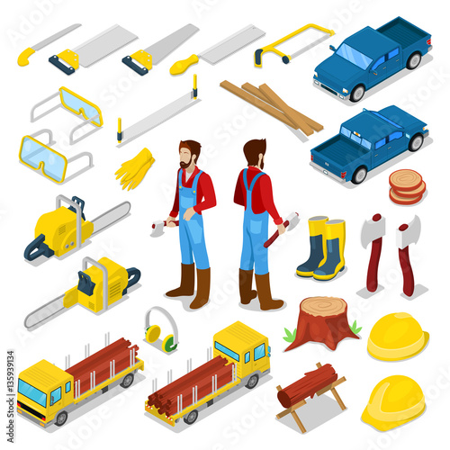 Lumberman Woodcutter with Firewood and Tools Isometric Concept. Vector 3d flat illustration