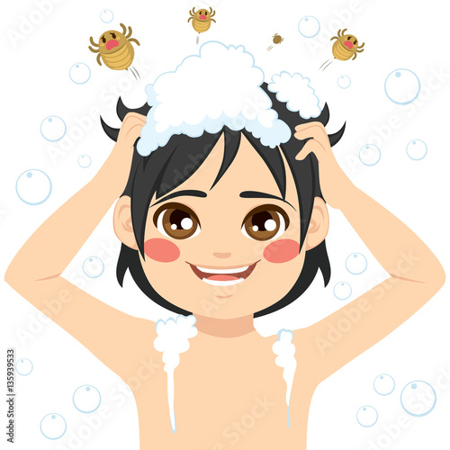 Cute little boy washing hair getting lice treatment