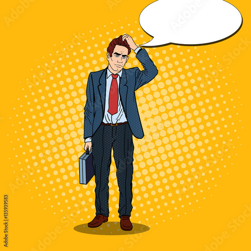 Pop Art Doubtfull Businessman with Briefcase. Vector illustration