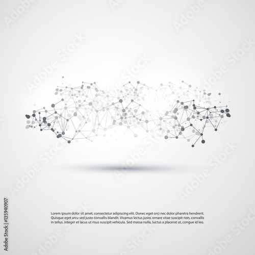 Black and White Modern Minimal Style Cloud Computing, Networks Structure, Telecommunications Concept Design, Network Connections, Transparent Geometric Wireframe - Vector Illustration