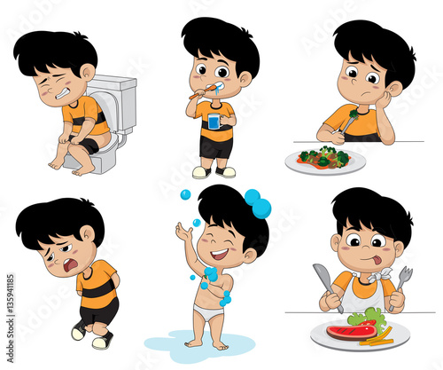 set of daily activities routines,kid  taking a bath, Funny littl photo