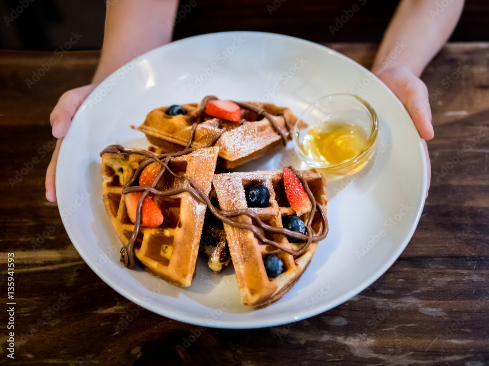 Breakfast, Plate of Waffle with strawberry,  chocolate sauce , b
