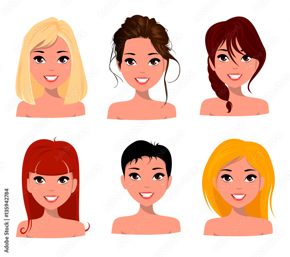 Young pretty women, pretty faces with different hairstyles. Cartoon beautiful girl, flat style. Avatar business woman. Vector illustration. Young pretty women, pretty faces with different hairstyles. Cartoon beautiful girl, flat style. Avatar business woman. Vector illustration.