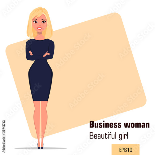 Young cartoon businesswoman standing with crossed hands in office situation. Beautiful girl presenting business plan, startup. Fashionable modern lady. Vector illustration. EPS10