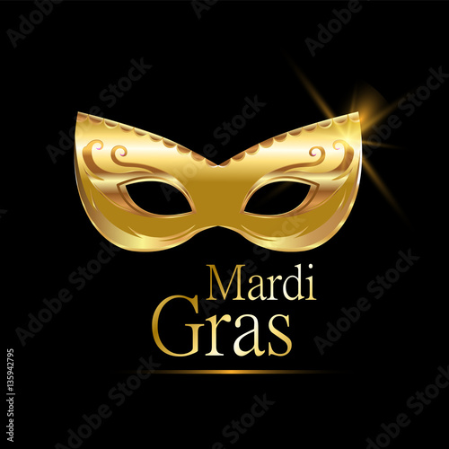 Mardi Gras golden carnival mask with ornaments for poster, greeting card, party invitation, banner or flyer on black background. EPS10. Vector Illustration.