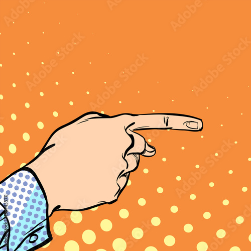 A male hand with forefinger. A man pointing a finger. A man explaining something. Businessman giving advice. Concept idea of advertisement and promo. Halftone background.