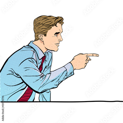 A man pointing a finger. A man explaining something. Speaking man. The man at the podium speaks. Handsome young businessman giving advice. Concept idea of advertisement and promo.