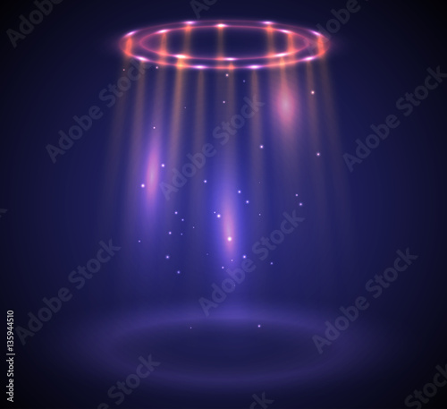 Round glow rays night scene with sparks. Empty light effect podium. Disco club dance floor. Show party lamp in fog. Ufo beam stage.