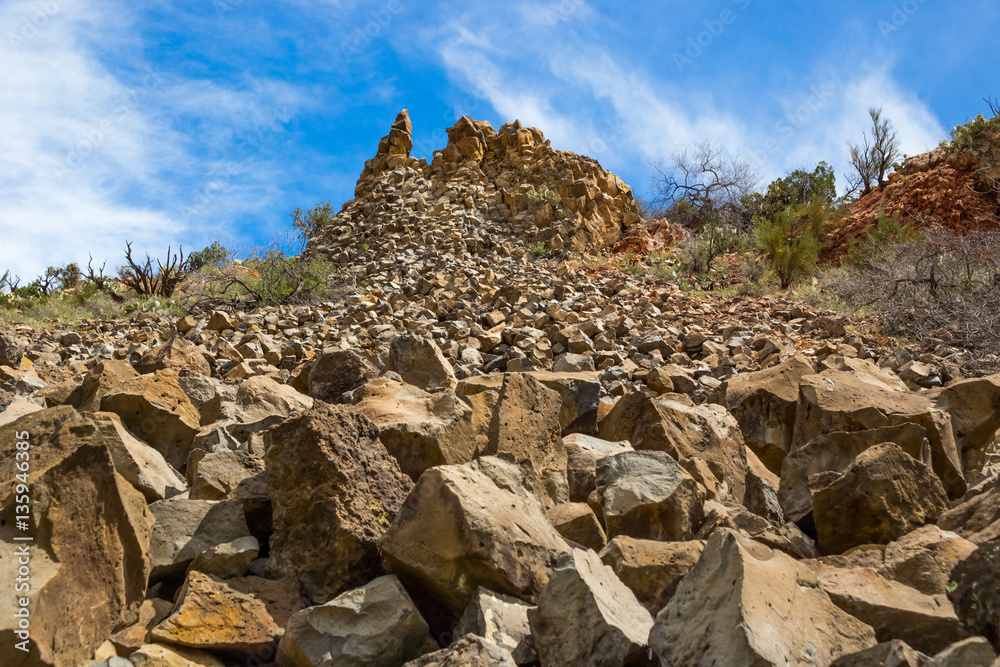 View Looking up at a Crumbling Mountain, Arizona, USA Stock Photo