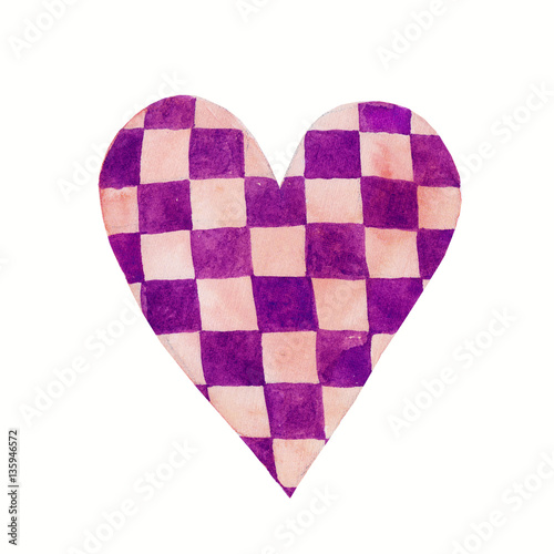 Watercolor love heart valentines pattern.Colorful violet heart with squares illustrations isolated on white background.Perfect for valentines holiday