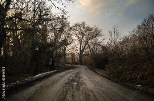 Beautiful landscape of country side road with trees in winter time at sunset. Azerbaijan, Caucasus, Sheki, Gakh, Zagatala