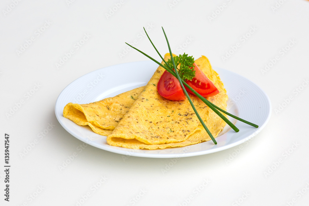 herb omelet served on plate - obrazy, fototapety, plakaty 