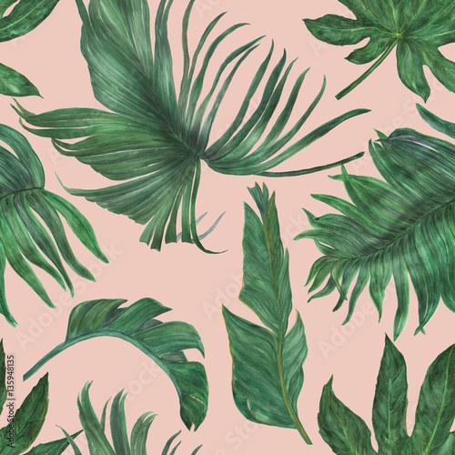 Watercolor painting seamless pattern with bananas and palm leaves