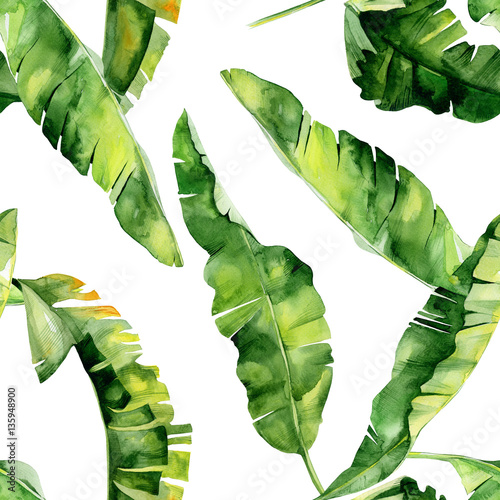 Seamless watercolor illustration of tropical leaves, dense jungle. Pattern wi...