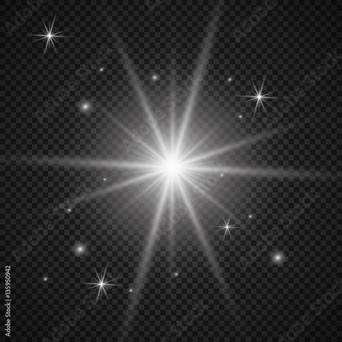 White glowing light burst explosion with transparent. Vector illustration for cool effect decoration with ray sparkles. Bright star. Transparent shine gradient glitter, bright flare. Glare texture.