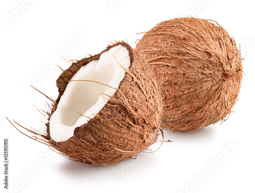 coconut and half of coconut isolated on the white background