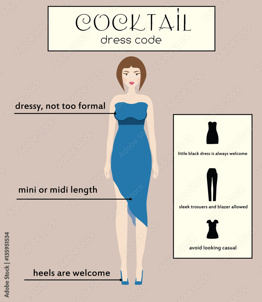 Woman dress code infographic. Cocktail. Female in dressy blue midi dress  Stock Vector | Adobe Stock