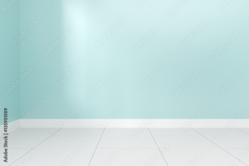 Blank green blue wall interior with ligt shadow from windows for design