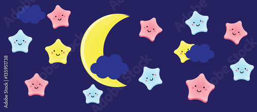 Cute kawaii stars and crescent. Background for kids, babies and children design with night sky characters