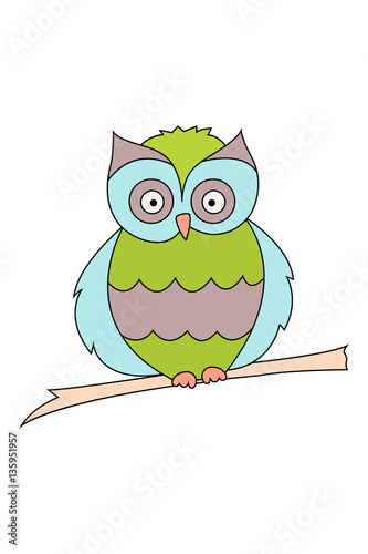 Colored owl sitting on a branch isolated