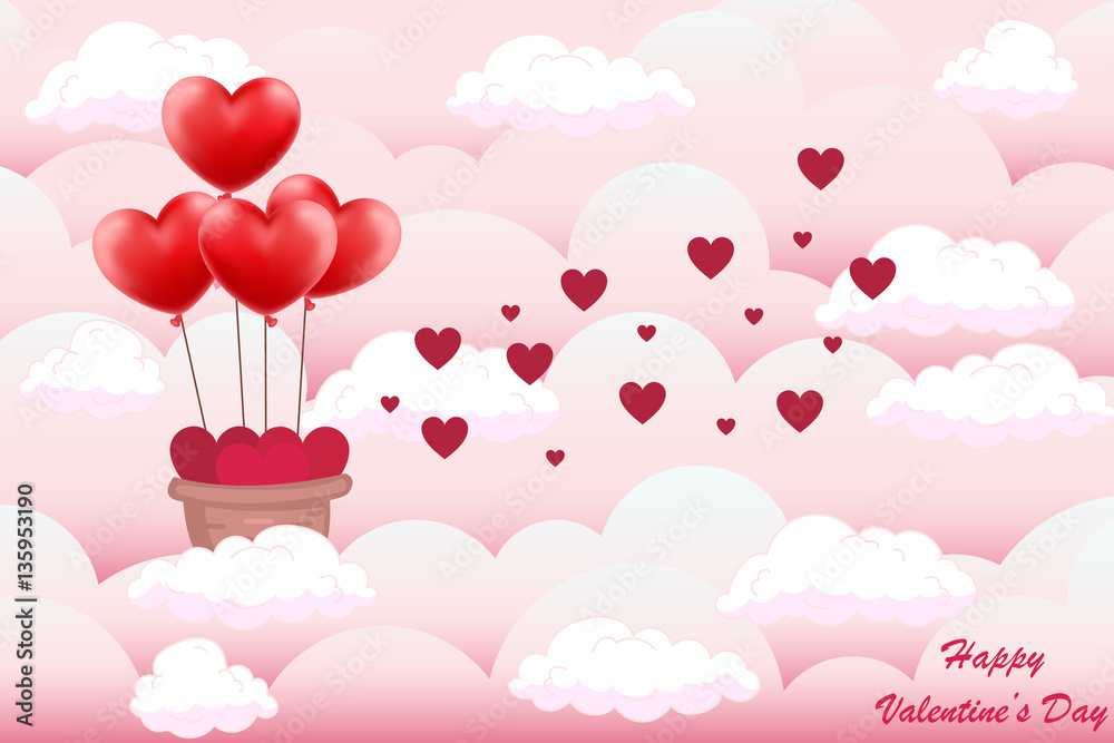 Valentine day background. Heart in a basket on balloons in the clouds