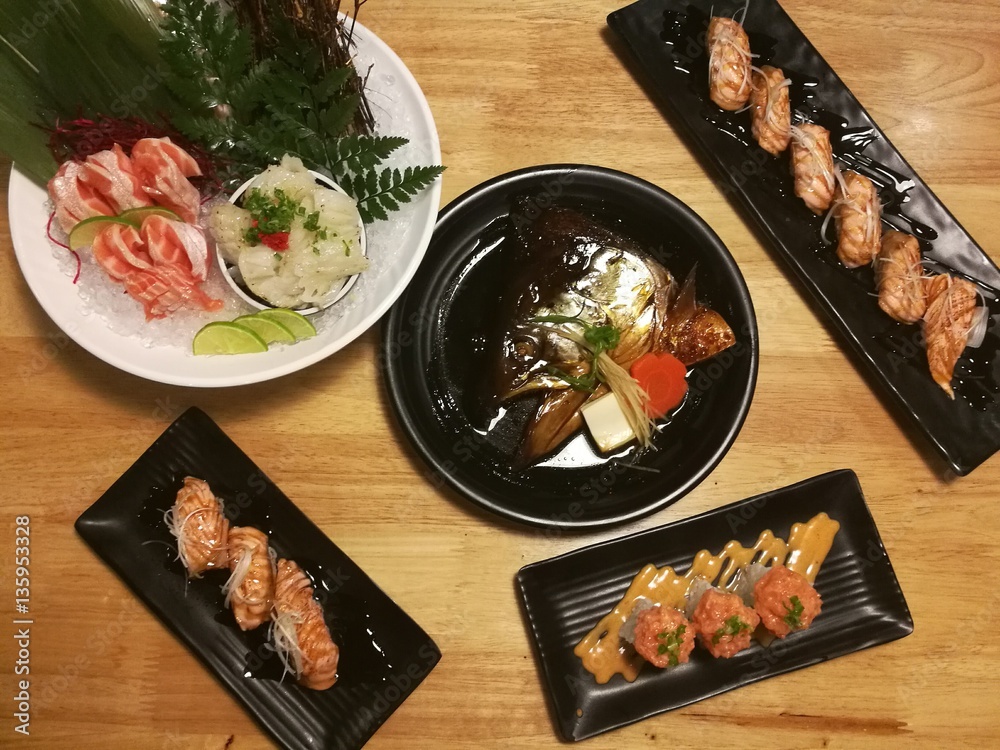 Special Japanese meal, variety of sushi, Salmon head, Salmon sushi