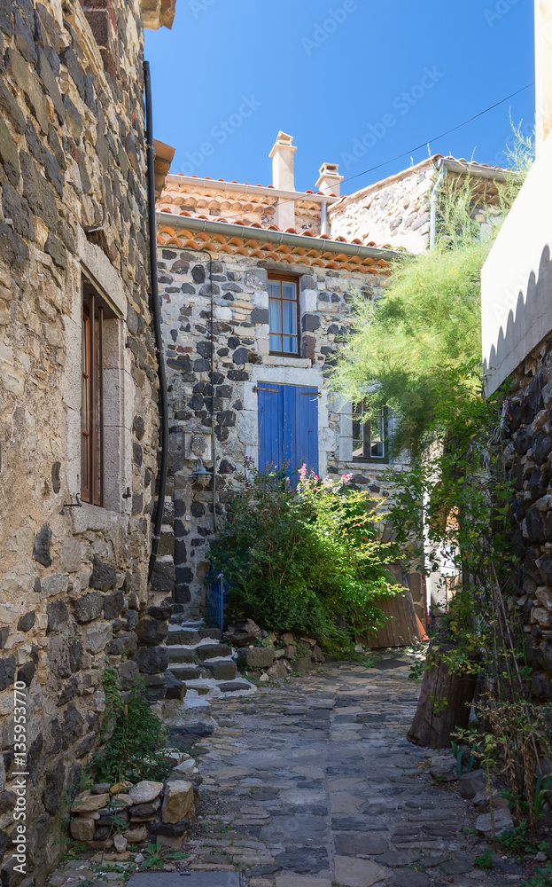 The narrow street  in the picturesque village of Mirabel.in the Ardeche department in France.