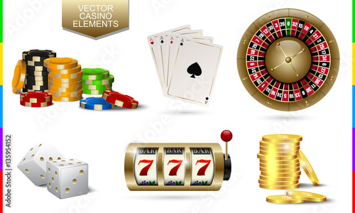 Casino golden icon isolated on white background. Chip, poker card, roulette, slot machine, coins money and white dice set.