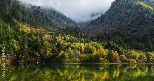 The beautiful Juizhaigou Valley (Valley of nine villages) National Park in autumn, winter in aba state, sichuan province, China. Time lapse.