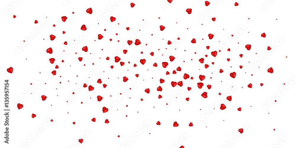 Heart confetti of Valentines petals falling on white background. Flower petals