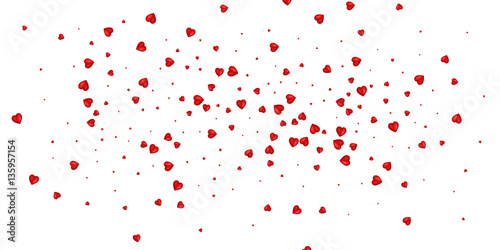 Heart confetti of Valentines petals falling on white background. Flower petals