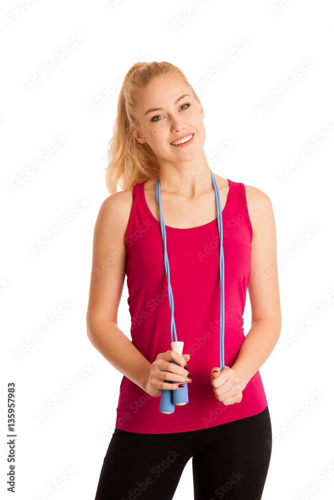 Fit woman with speed rope isolated over white background Fit woman with speed rope isolated over white background