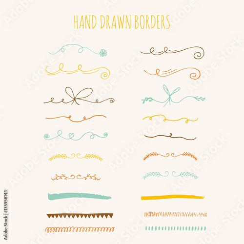 Collection of hand drawn ink borders. Cute and unique swirls, dividers for your design. Isolated vector elements.