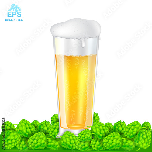 Realistic mock up long glass of beer stand among hop cones on white background