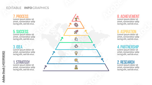 Presentation slide, page with 8 steps, parts. Editable stroke.
