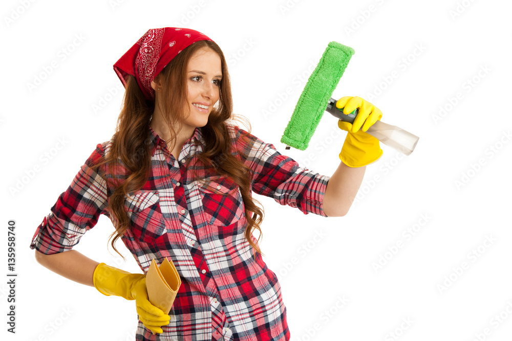 Happy young woman cleaning windows isolated over white vackgroun Happy young woman cleaning windows isolated over white vackgroun