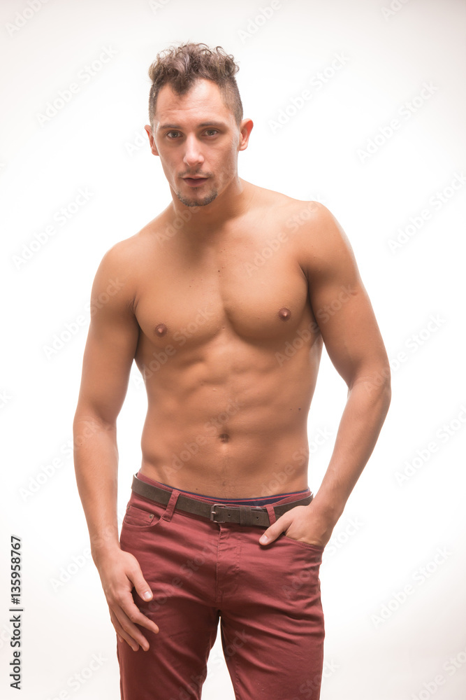 young man shirtless pants body muscular model young man shirtless pants body muscular model