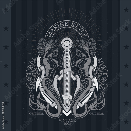 Two marmaids with triden in arms hold the anchor with ribbons and line pattern. Marine style background on blackboard
