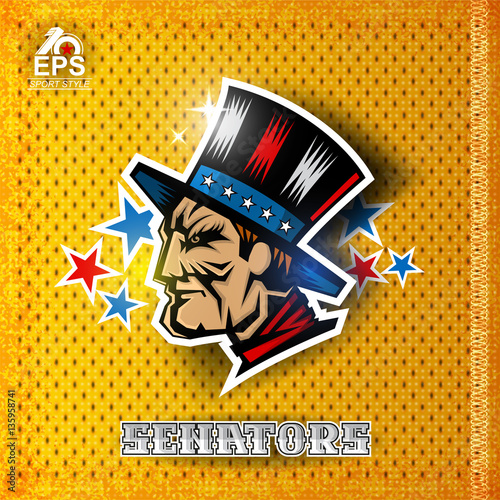 Man face in profile with blue red hat. Logo for any sport team senators
