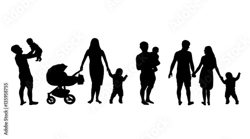 Silhouette of a family with children set on white background vector. A man and a woman with a child in a baby carriage isolated set.