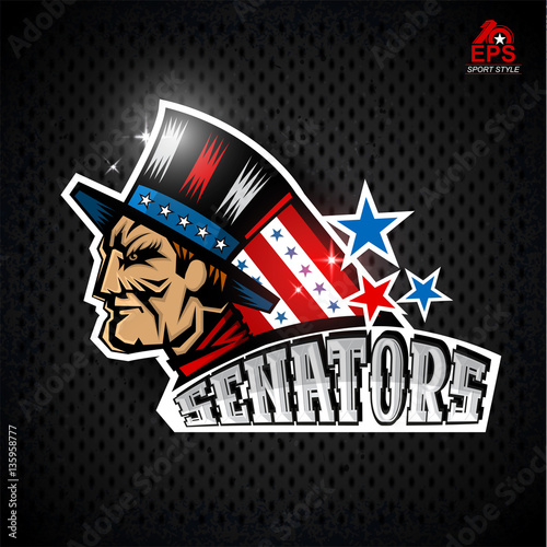 Man face in profile with blue red hat. Logo for any sport team senators