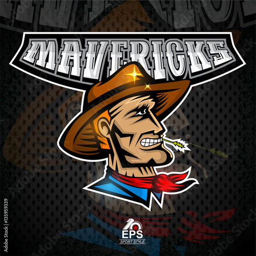 Man face in profile with cowboy hat. Logo for any sport team mavericks photo