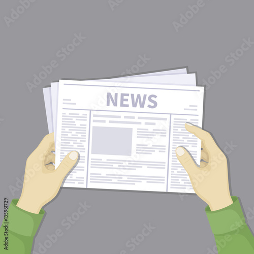 Man's hands holding a newspaper with latest news. Abstract text and photos on sheets. Vector illustration in flat design on a gray background.