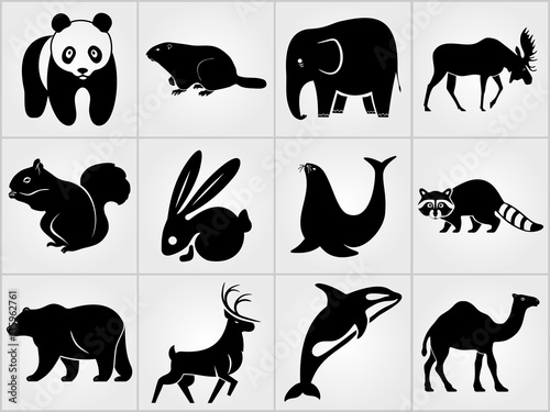 Set of Mammals icons. Rabbit, Deer, Elephant , Sea lion, Grampus, Groundhog, Bear, Squirrel, Moose, Raccoon, Camel and Panda icons