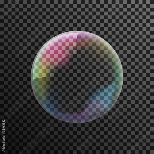 Transparent colorful soap bubble on a dark background. Vector Illustration.