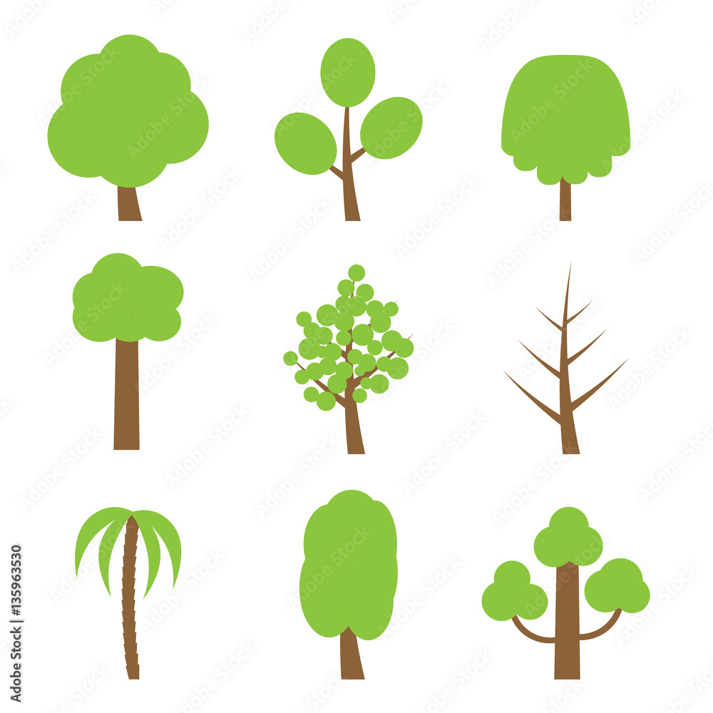 Vector set of simple trees. Flat trees on white background.