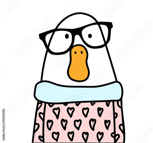Funny cartoon white hipster goose wearing stylish black glasses. Goose has the funny orange beak and nice pink shirt. Cool goose for a logo, tattoo or design.