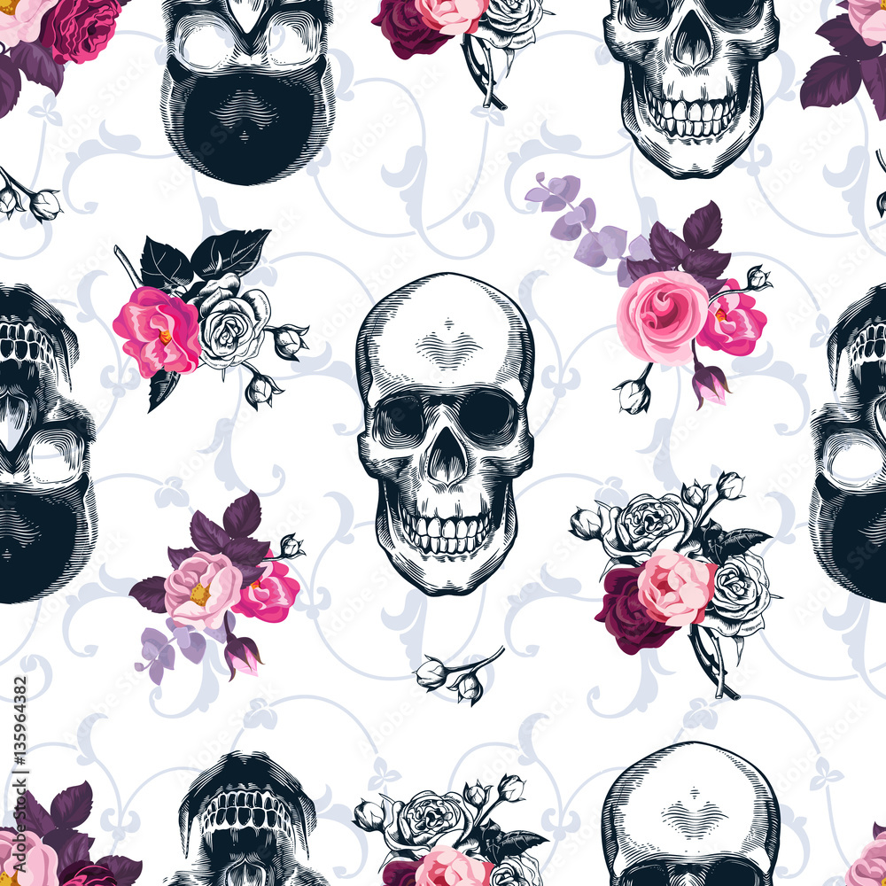 Floral seamless pattern with monochrome human skulls in woodcut style and colored wild roses on background. Vector illustration for wallpaper, textile print, wrapping paper Floral seamless pattern with monochrome human skulls in woodcut style and colored wild roses on background. Vector illustration for wallpaper, textile print, wrapping paper