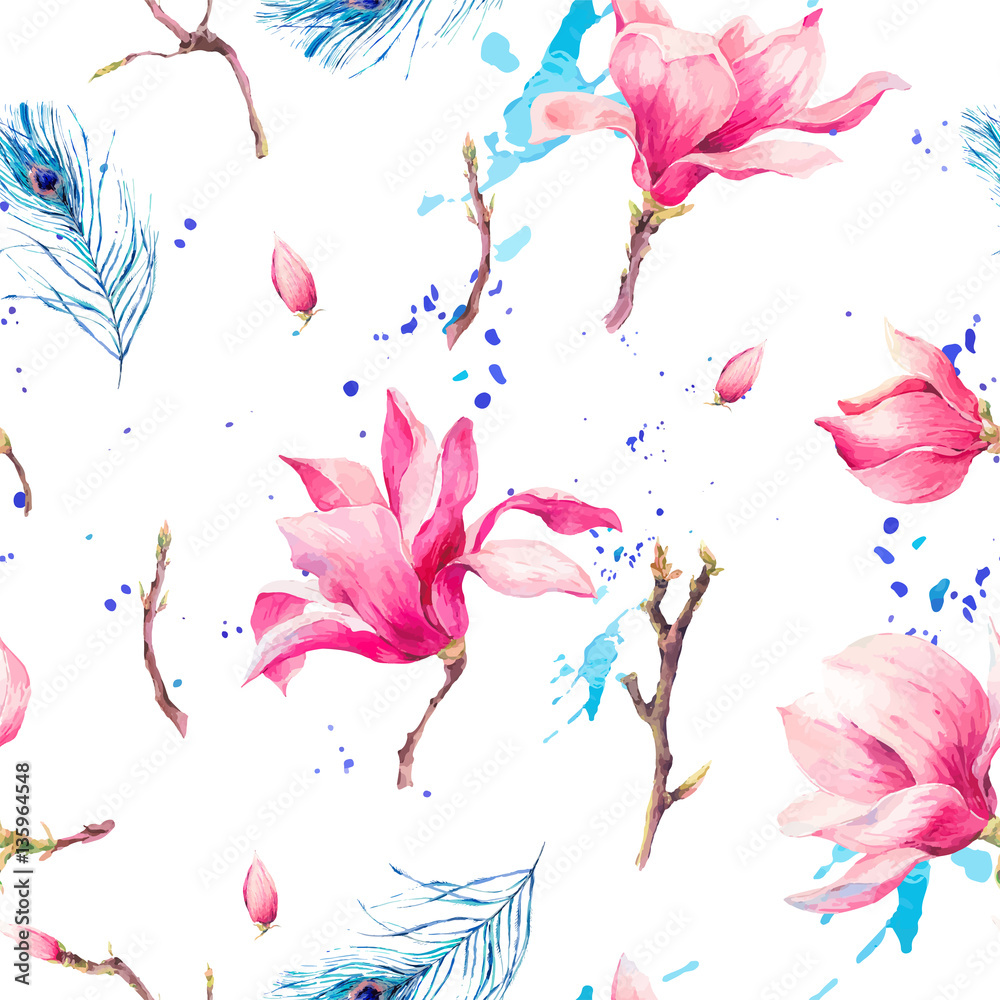 Fototapeta premium Watercolor Seamless Pattern with Flowers Magnolia